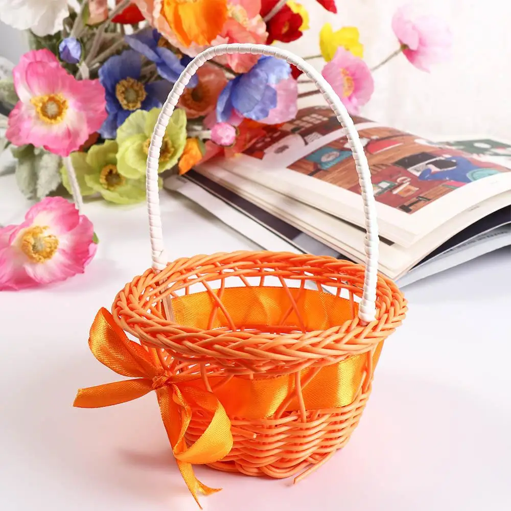 Imitation Rattan Round Small Flower Basket Decorative Pink/Purple/Orange/Blue/Yellow Woven Hand-held Flower Basket with handle