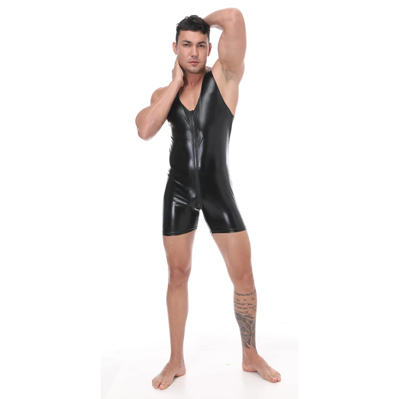 Sexy PU Leather Bodysuit Men\'s Lingerie Erotic Open Crotch Jumpsuit Shorts for Sex Gay Sleeveless Couple Clubwear Night Costumes