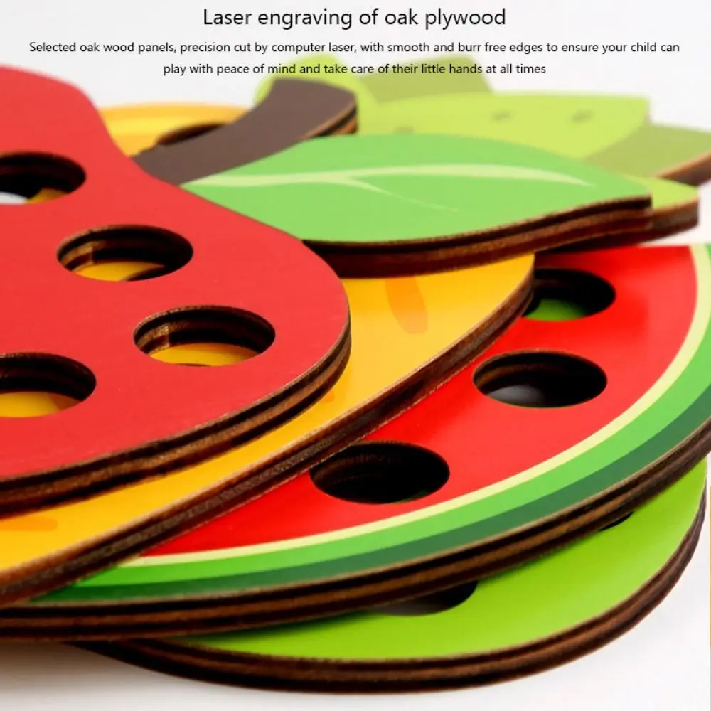 Drewniana tablica do nawlekania owoców, wczesna edukacja, rozpoznawanie kolorów, Montessori, nawlekanie sznurka, koordynacja wzrokowo-ruchowa, pomoce dydaktyczne