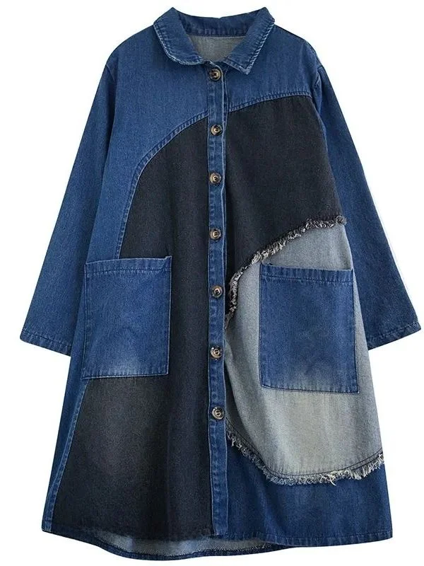 Extra Large 300 Pou automne nouveau paresseux ample minceur sur le genou mi-longue épissage Denim Sle femmes à la mode manteau Jaet