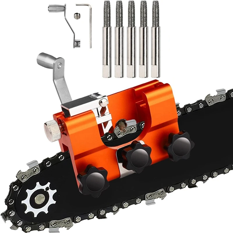 Portable Chainsaw Chain Sharpening Kit Orange Aluminum Alloy With 5 Sharpen Rods For Chain And Electric Saws