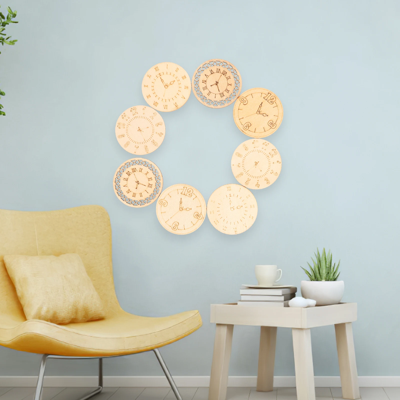 

8 pcs Wooden Craft Clock Wall Sticker Removable Waterproof Home Decor For Kids Room Living Room Bedroom Office Mural Decal