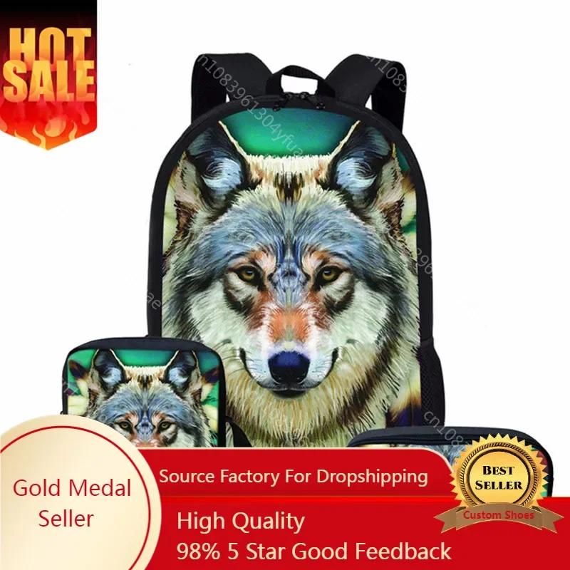 Custom Wolf 3D Print School Bag Set para adolescente, meninos, meninas Back Pack, crianças Kids Mochila, sacos de livro de estudante, mochila escolar