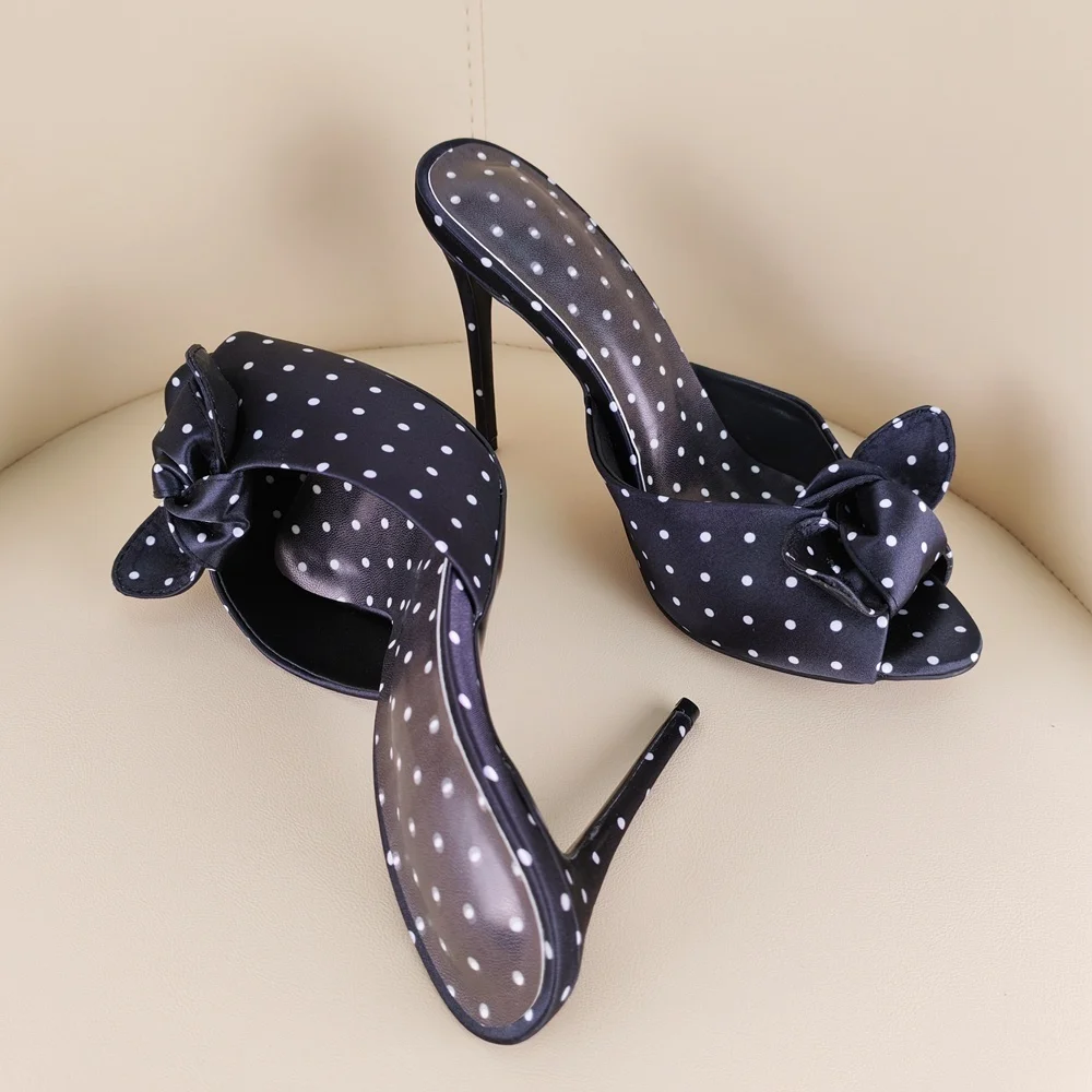 Women's Black Polka Dot Satin Mules Ruffle Detail Stiletto Hee Retro Feminine Style for Cocktail Parties Fashion-Forward Looks