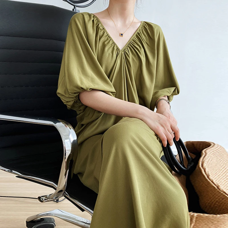 Schicker V-Ne Plissee Loose Batwing Sve Dr Korean Sle Commute ort Sve Long Dr Sommersaison Reine Farbe