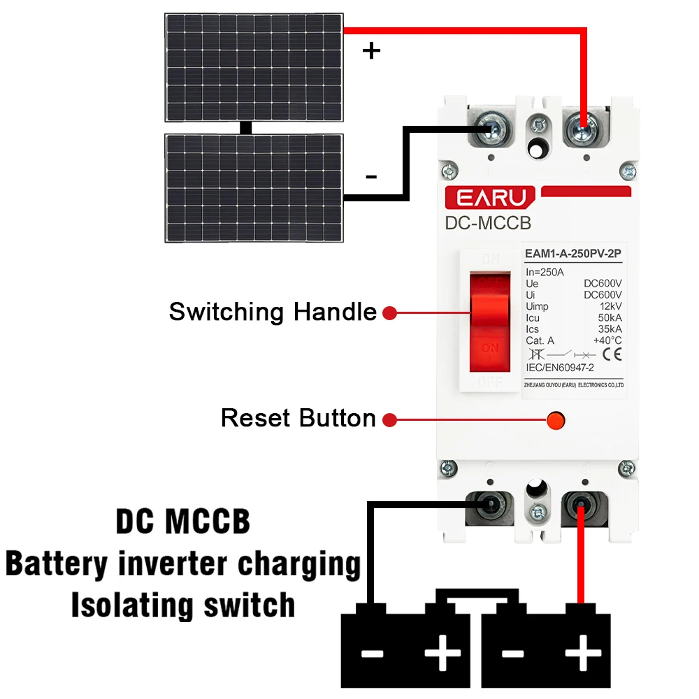 2P DC Solar Molded Case Circuit Breaker MCCB Overload Protection Switch Protector for Solar Photovoltaic PV Battery Isolator
