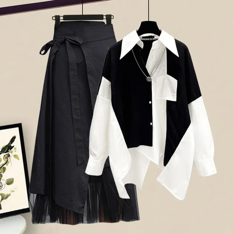 

Women Two Piece Sets Skirt Set Full Sleeve Shirts Long Skirts A Line High Waist Y2k Streetwear Elegant Work Slim Fit Autumn