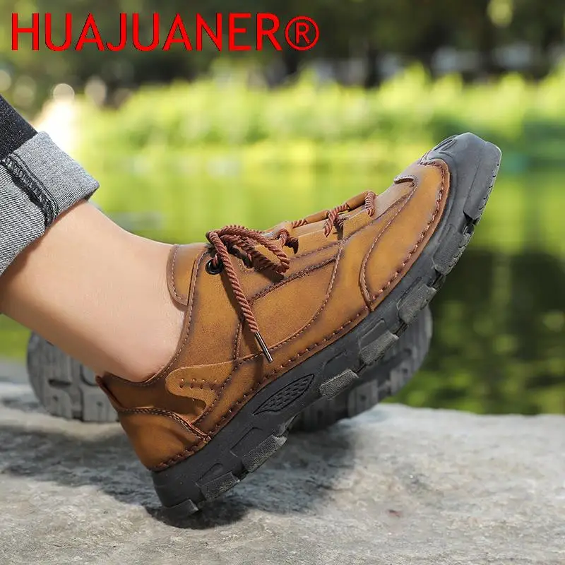 Zapatos de senderismo de alta calidad para hombre, zapatillas de deporte informales, calzado clásico de ocio para caminar al aire libre, zapatos planos sólidos hechos a mano con cordones