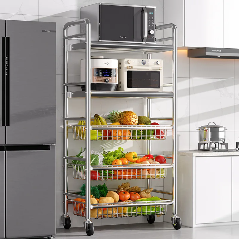 

Кухонная корзина для овощей из нержавеющей стали, многослойная стойка от пола до потолка для фруктов и овощей, многослойная стойка для хранения микроволновой печи