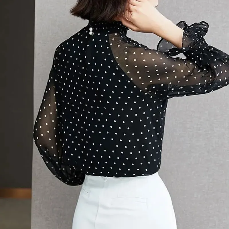 Office Lady Stand Collar Stylish Shirring Blouse Female Clothing Polka Dot Printed Spring Autumn Chic Pearl Button Korean Shirt