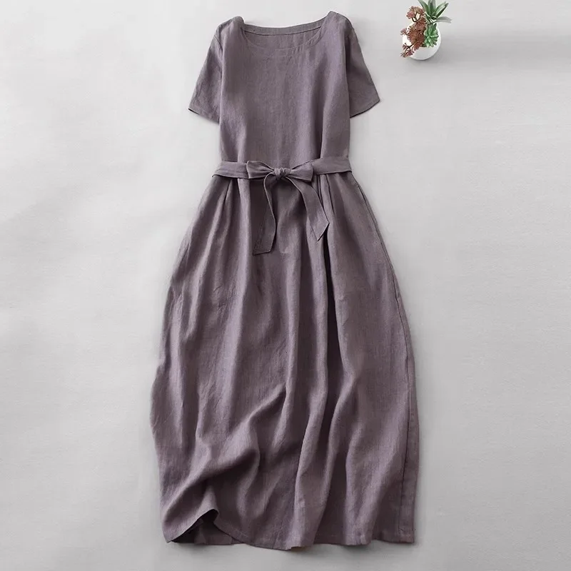 

Pop Minimalist Solid Women Dresses New Summer Vintage O-Neck Short Sleeve Casual Loose Ladies Midi Dress Literary Daily Dress