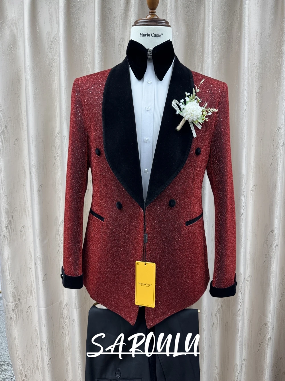

Men's Elegant Sparkling Red Tuxedo Suit, With Black Velvet Lapel, Perfect For Weddings & Formal Events, Two Pieces Delicate Set