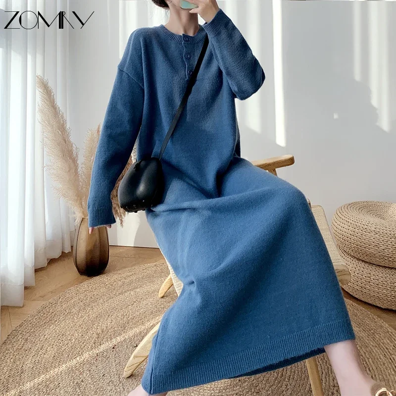 ZOMRY Korean Retro Loose Simple Sweater Knitting Dresses Women‘s O-Neck Party Evening Warm Vestidos Autumn Winter New Clothing