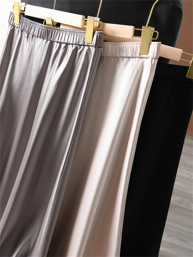 Solid Satin Long Skirts for Women 2026 Spring Summer Casual All-match Big Hem A Line Skirts High Waist Maxi Skirt Female Clothes