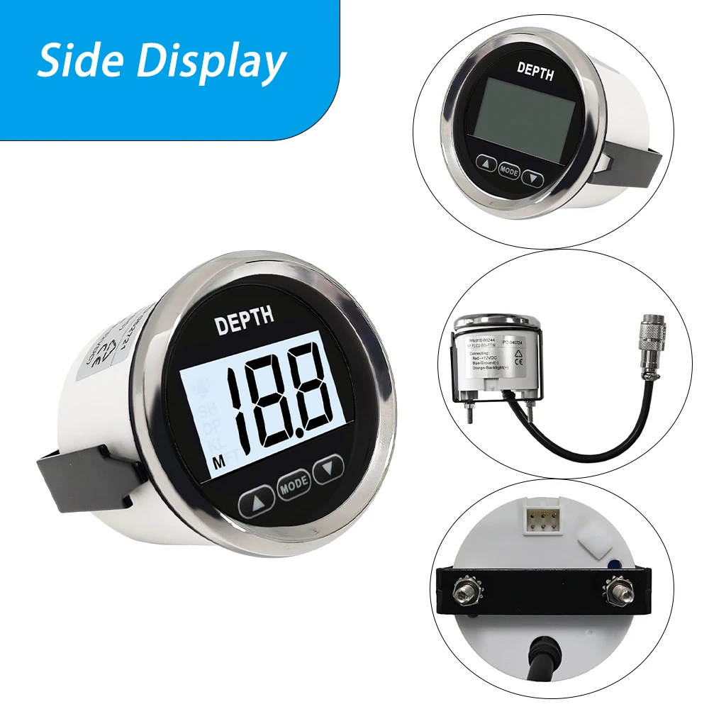 12VDC Ships Waterproof 52mm Digital Depth Gauge Indicator with Transducer and White Backlight for Yachts Fishing Boats