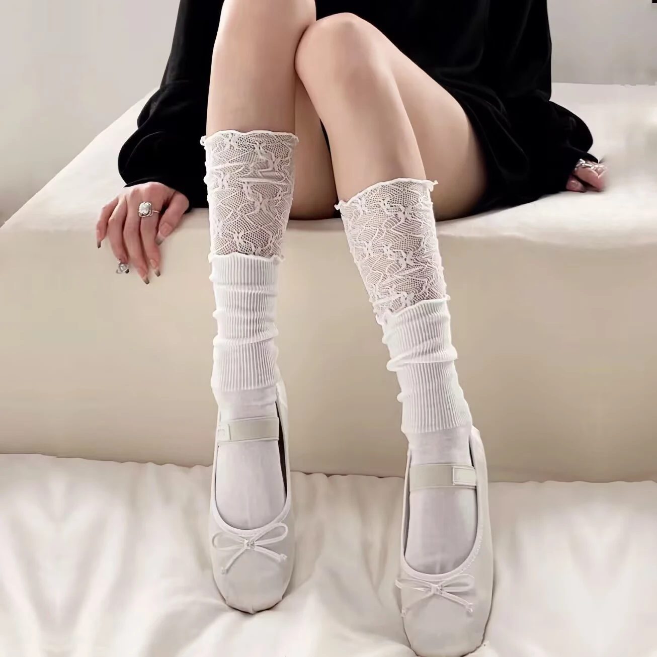 1/2 Paar Spitzen-Patchwork-Damen-Wadensocken, modische Retro-Stiefel im Ballett-Stil, gepaart mit weichen, bequemen, lässigen Strümpfen – Detail 5