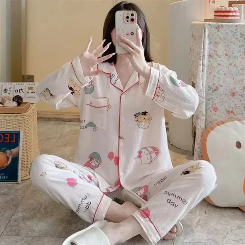 Sanrio Kuromi Cinnamoroll Women\'s Pajamas Set Anime Pochacco Long Sleeved Set Ventilate Soft Kawaii Cartoon Print Clothes