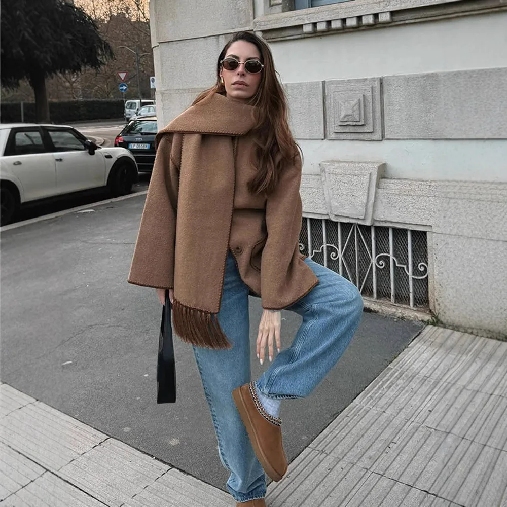 

Модное однотонное шерстяное короткое пальто с шарфом и воротником с длинным рукавом, женское зимнее новое стильное оптовое европейское и американское стильное пальто