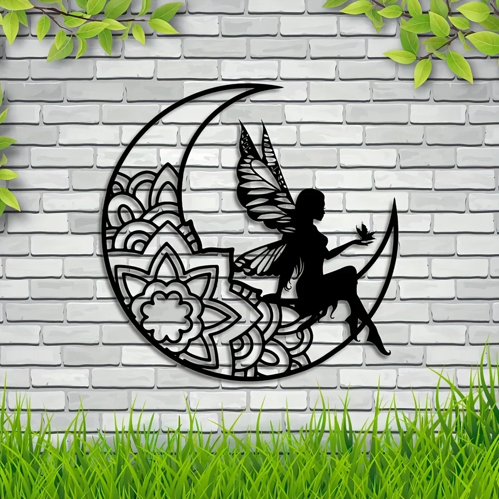 Sinais de metal e placa de fada da lua, Metal Wall Decoration Art, 3D Hollow Silhouette, Decoração para casa ao ar livre