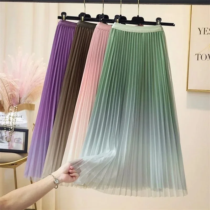 

Модная градиентная двухслойная газовая сетчатая юбка с высокой талией, женская тонкая повседневная плиссированная юбка с провисанием, женская плиссированная юбка