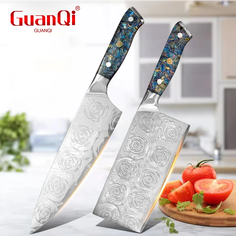 Professional Chef Knife Meat Cleaver Set Stainless Steel Rose Engraved Blade Comfort‑Grip Handle Home Kitchen Cutting Tools