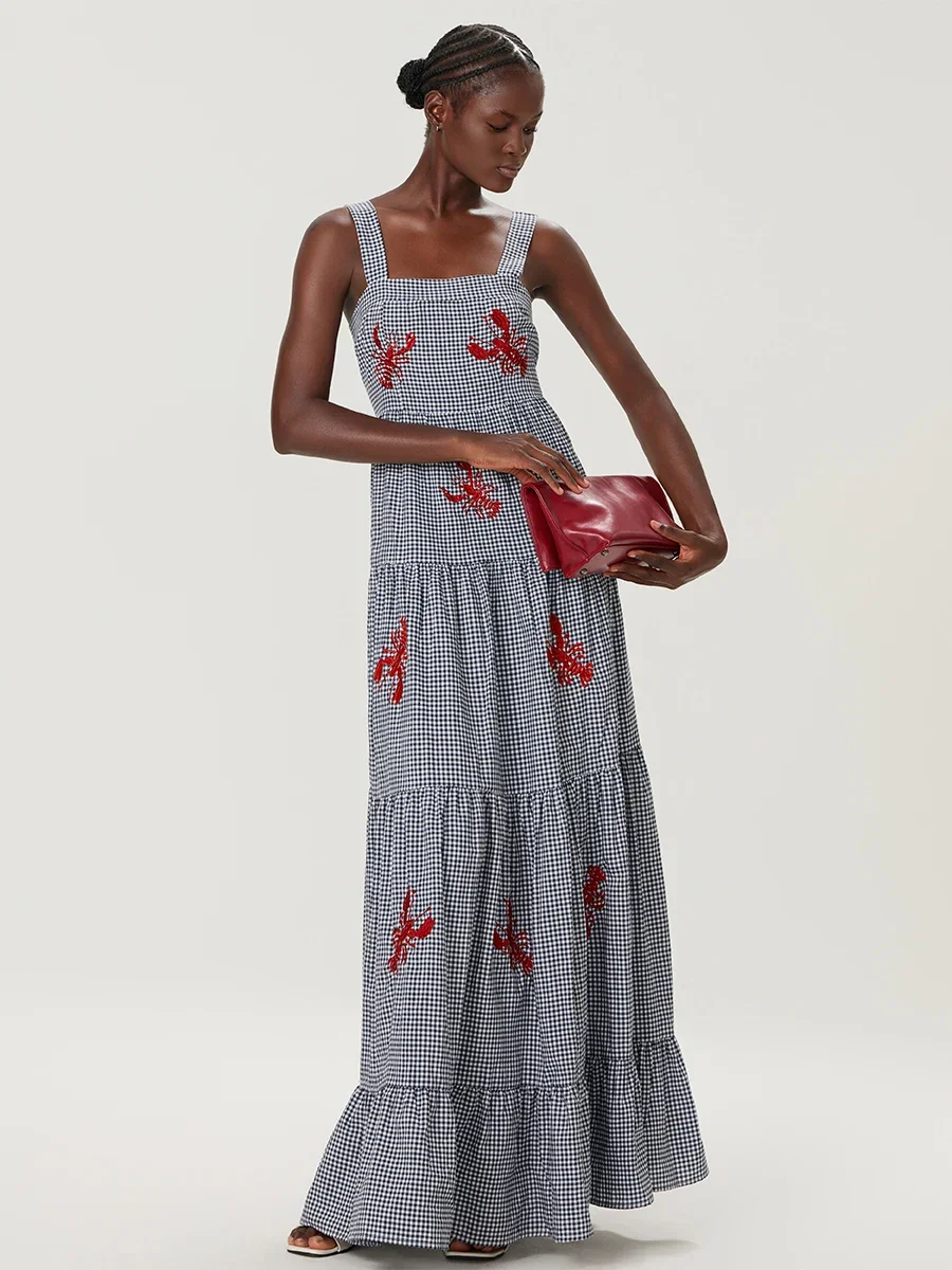 Nova moda feminina vestido de praia longo sem mangas pescoço quadrado bordado em camadas vestido midi deslizamento clube estilo rua venda quente