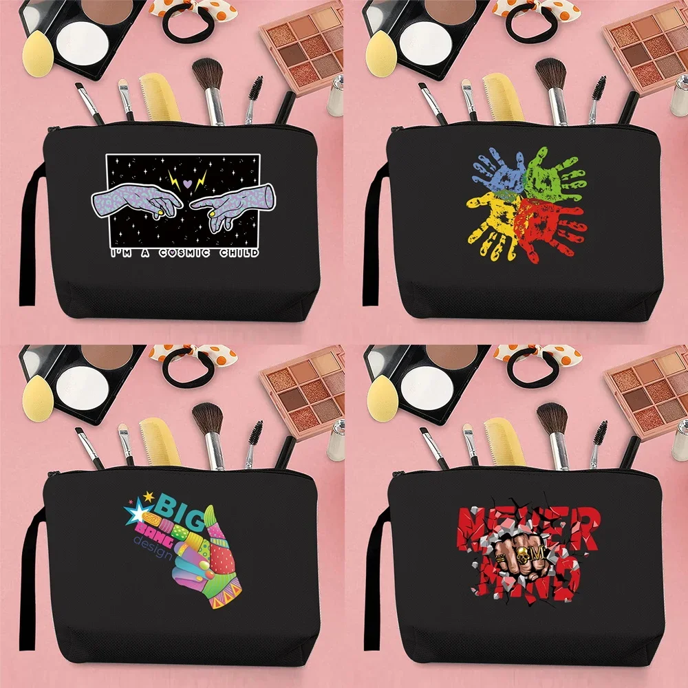 

European and American Women Makeup Brush Storage Bag Change Canvas Clutch Praying Hand Pattern Printing Portable Storage Black