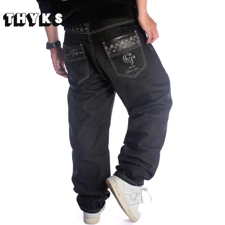 High Street HIP-HOP Punk Style Men\'s Jeans Straight Baggy Skateboard Denim Pants Street Dance Rap Male Black Trouses Plus