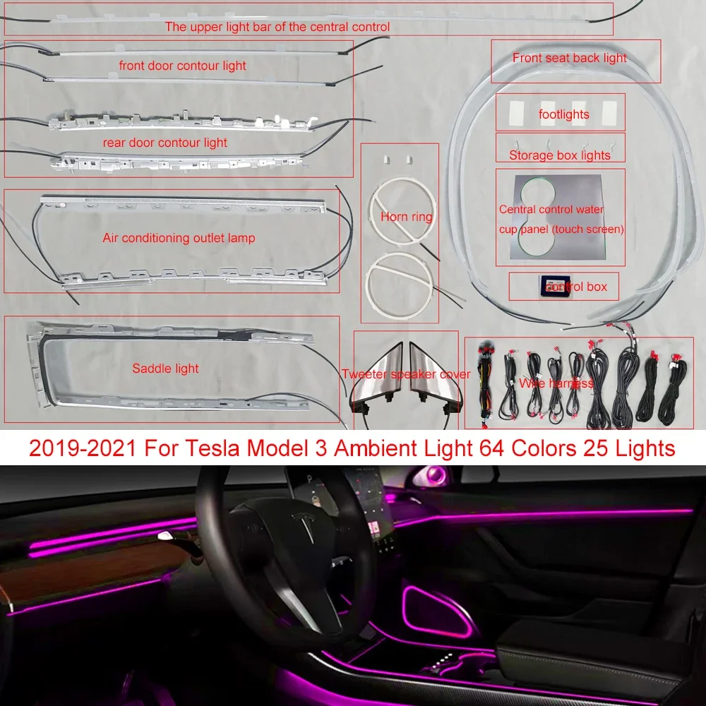 

64 цвета, декоративная лампа с сенсорным управлением, автомобильное окружающее освещение для Tesla Model 3 2019-2021 центральная стойка, звуковая крышка, атмосфера твитера