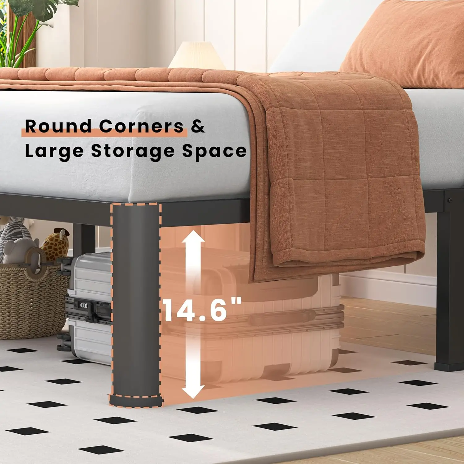 Estrutura de cama resistente de 16 polegadas com pernas de canto redondo, design anti-queima, montagem rápida, sem necessidade de molas