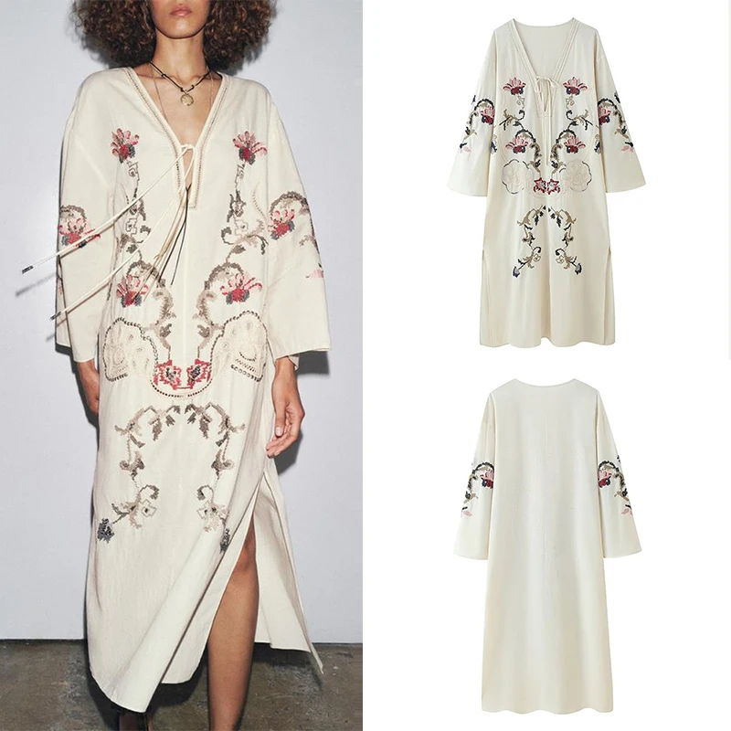 แฟชั่นปักดอกไม้ฤดูร้อน Dr ผู้หญิงชาติพันธุ์ Sle หลวมเอวเส้นใยโพลีเอสเตอร์ยาว Sve ความยาวกลาง A-Line Sk...