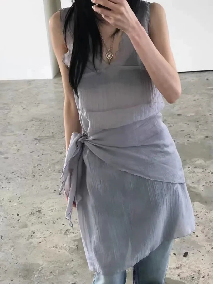 Vestido de Verão Estilo Casual com Ombros à Mostra e Lenço Triangular Design de Camadas com Borda em Madeira Alta Cintura Ves...