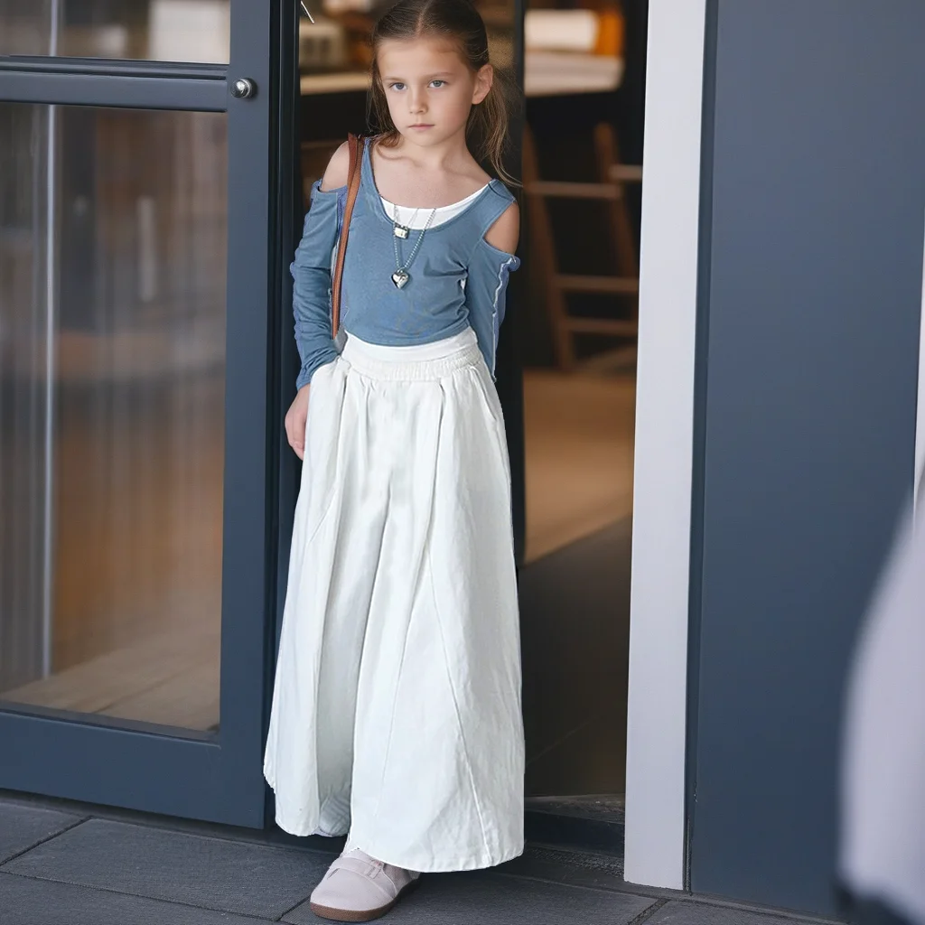 

Girls Costumes Spring Music Festival Wear Fake Two Pieces T-shirt Sweet Cool Strapless Top White Wide Leg Pants Kids Clothes Set