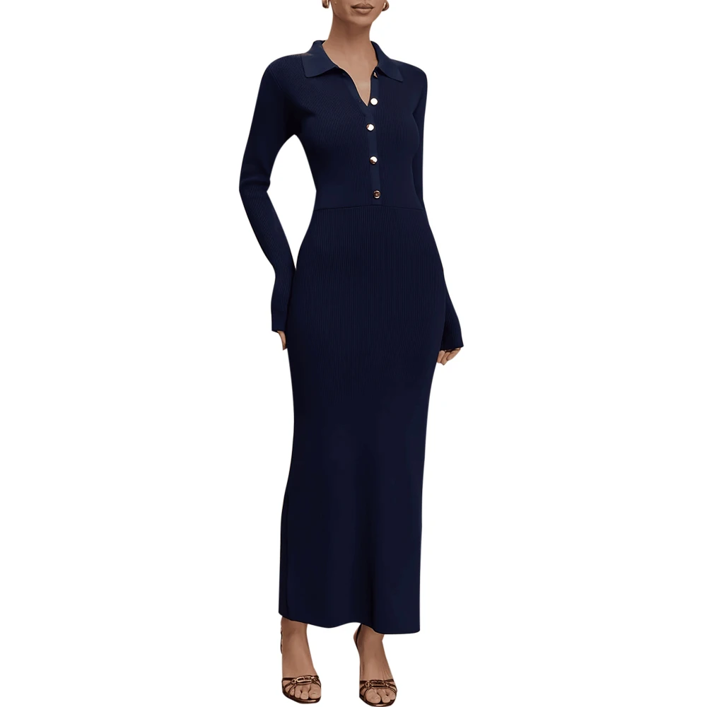 Neue frauen Gestrickte Maxi Kleid Herbst Winter Revers Langarm Vestidos Elegante Slim Fit Dame Pendeln Bodycon Langes Kleid