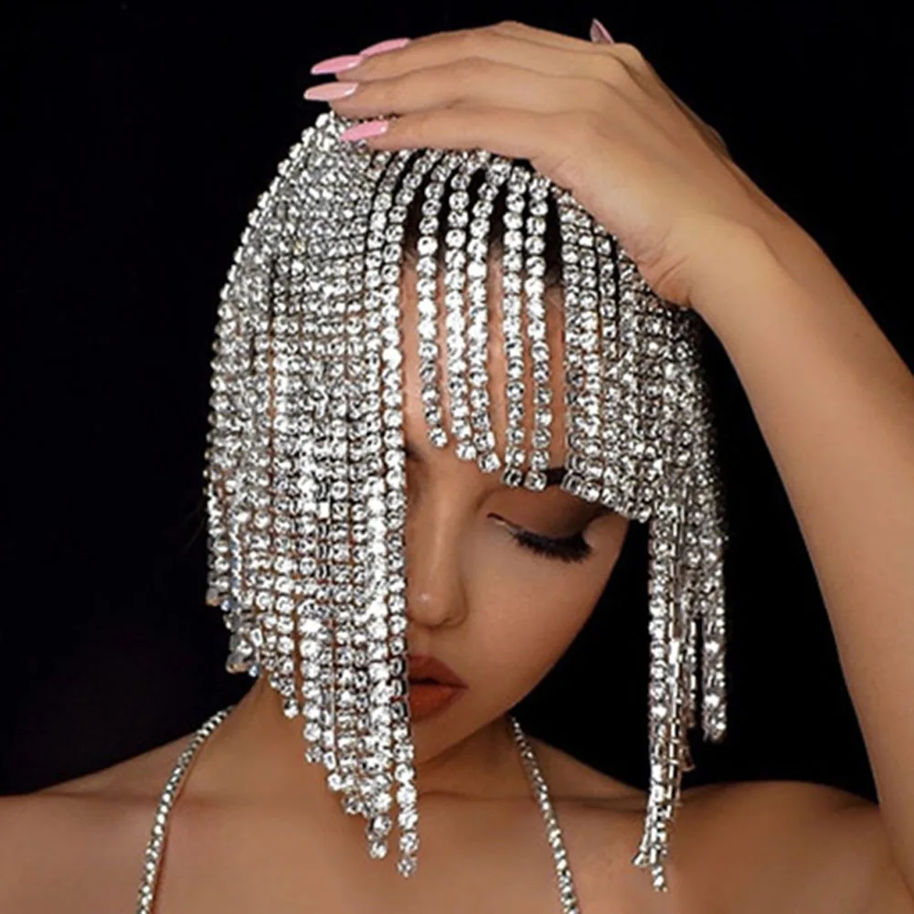 XSBODY Flash Long Tassel Hair Chain Rhinestone Head Chain for Women Nightclub Crystal Headband Hat Bridal Headpiece Jewelry