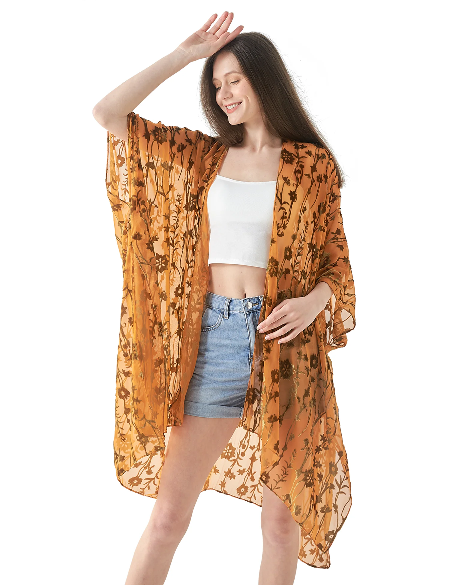 WeHello-Burnout Velvet Kimono for Women, Long Cardigan, Beach Cover Up without Tassel, Vacation Casual Shawl, Dropshipping