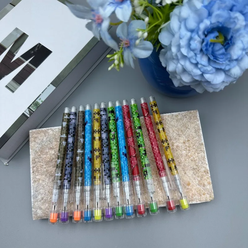 16-teiliges Set mit Buntstiften in verschiedenen Farben und mit Pixelmuster-Designs, Cartoon-Buntstifte, Buntstifte als Preise für Schüler, Buntstifte mit Radiergummi, Schreibwaren, tolle Lern- und Geschenkideen. – Detail 3