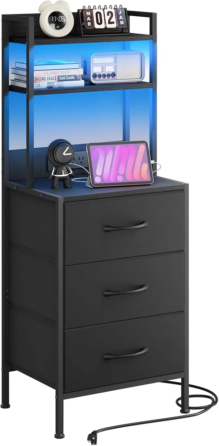 

41-Inch LED Nightstand with Charging Station, 3 Drawers & Bookshelf Storage, Black