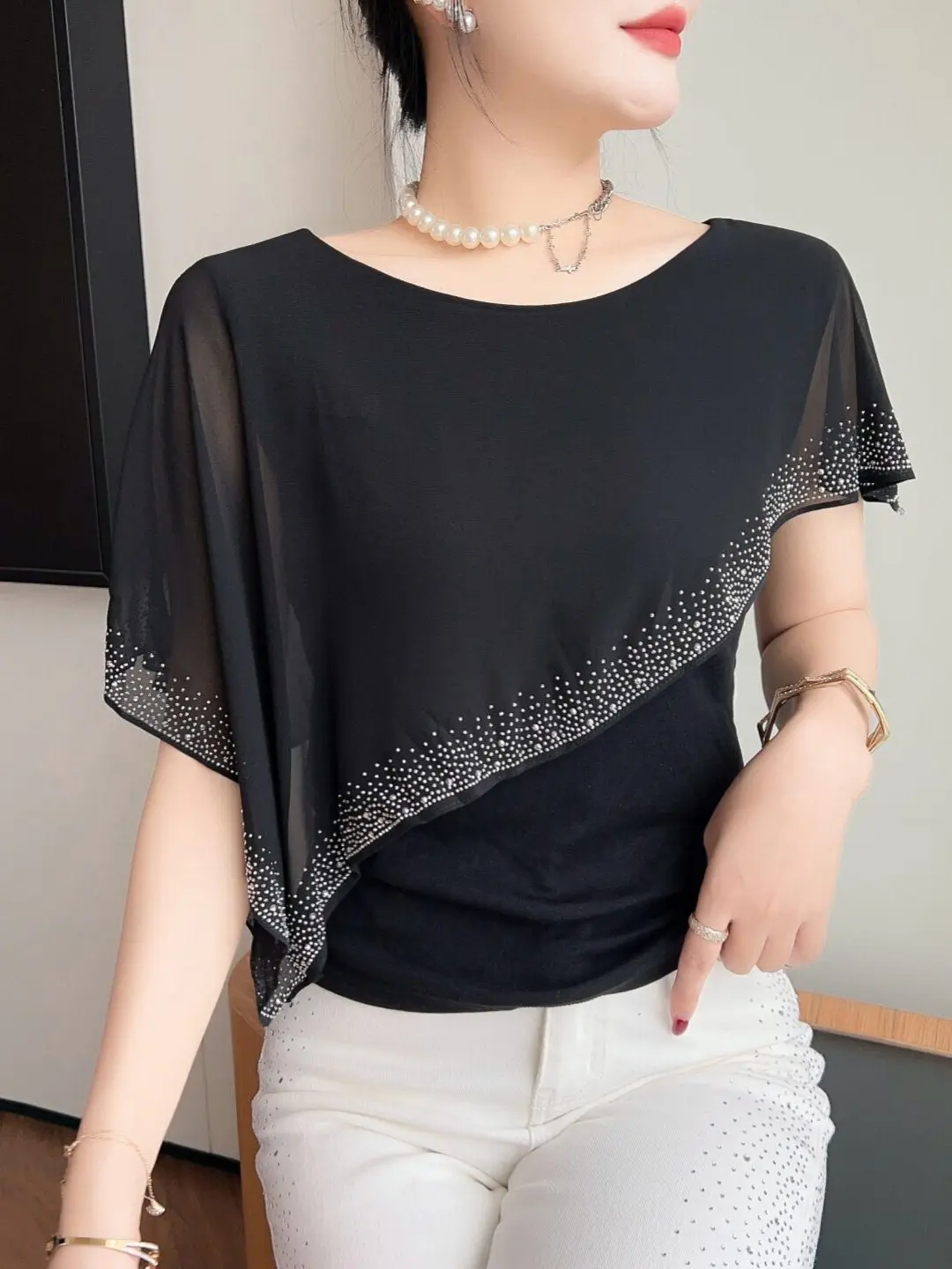 Heavy Duty Rhinestone Short Sleeve T-Shirt Women Summer European Design Shoulder Shawl Cape Top Slimming Trendy Small Shirt