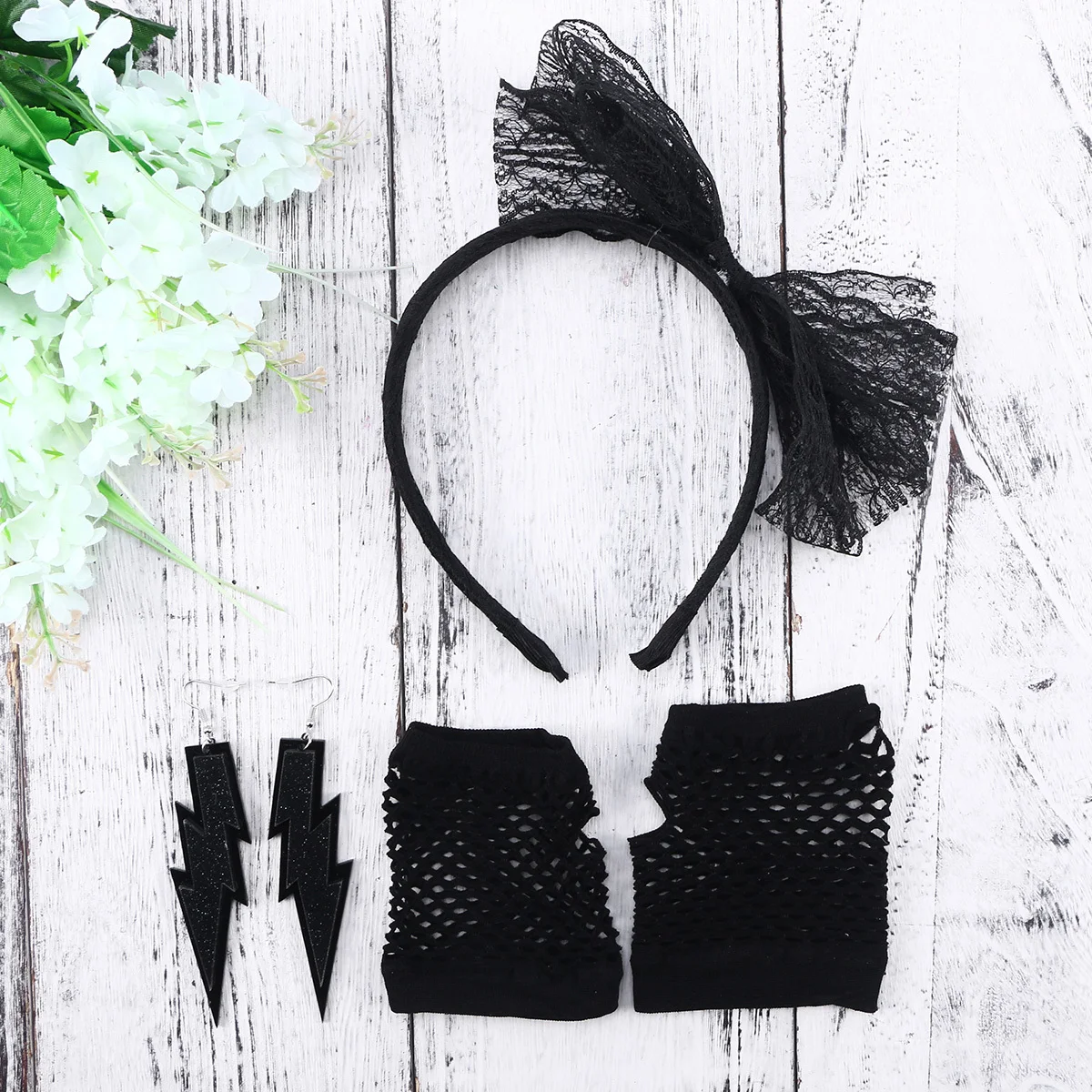 80S الدانتيل عقال أسود أصابع النيون شبكة صيد السمك قفازات طقم من الحلقان زي الحفلات اكسسوارات 80S ديسكو الرقص هالوين القوطية #2