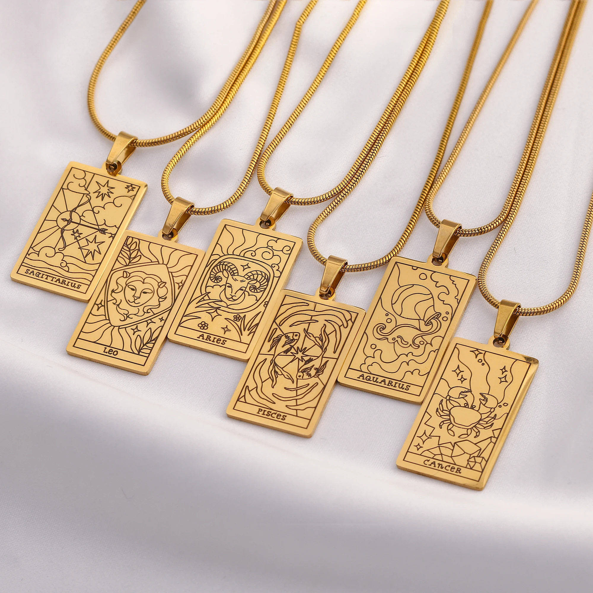 Zodiac Sign Necklace Stainless Steel 12 Constellations Pendant Necklace 18K Gold Color Plated Tarot Snake Bone Chain Necklaces