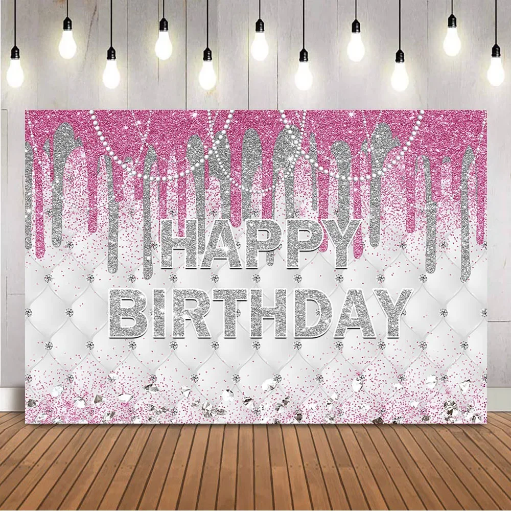 Pink Glitter Backdrop Happy Birthday Sliver Shiny Dots Diamonds Background for Photo Studio Photocall Pearl Necklace Backdrops