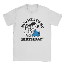 Creative Official Peanuts Snoopy Lucy Birthday Hug T-Shirt for Men O Neck Pure Cotton T Shirt Short Sleeve Tees Adult Tops