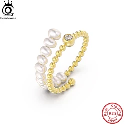 ORSA JEWELS Bohemian 925 Sterling Silver Freshwater Pearl Rings for Women Adjustable Pearl CZ Open Rings Anniversary Gifts GPR12