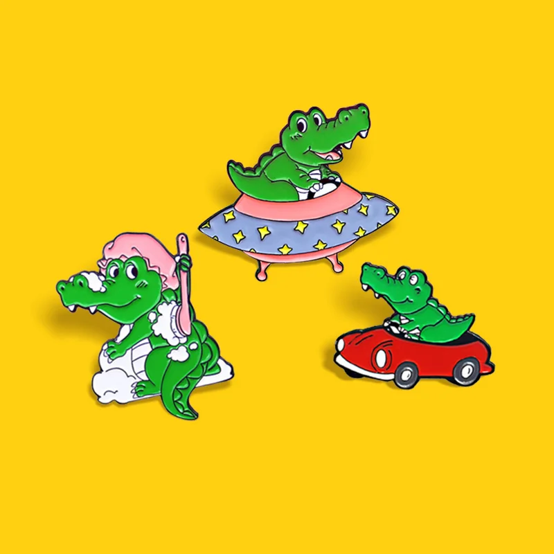 Pin Crocodile alien UFO Small Red Car take a shower Brooch Backpack Funny Animal Jewelry Gift Wholesale Crocodile Driver Enamel