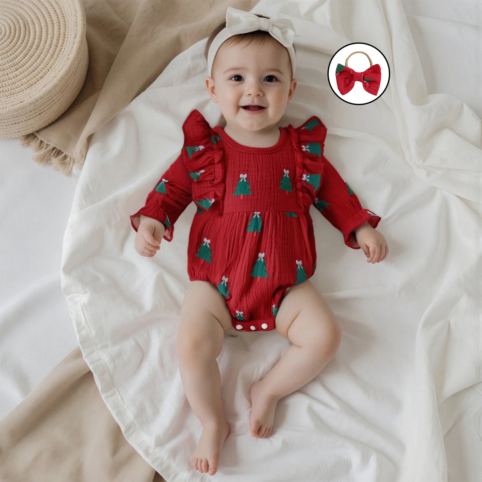 Baby Girl Christmas Romper Santa/Tree Ruffle Trim Long Sleeve Bodysuit Cute Winter Fall Clothes