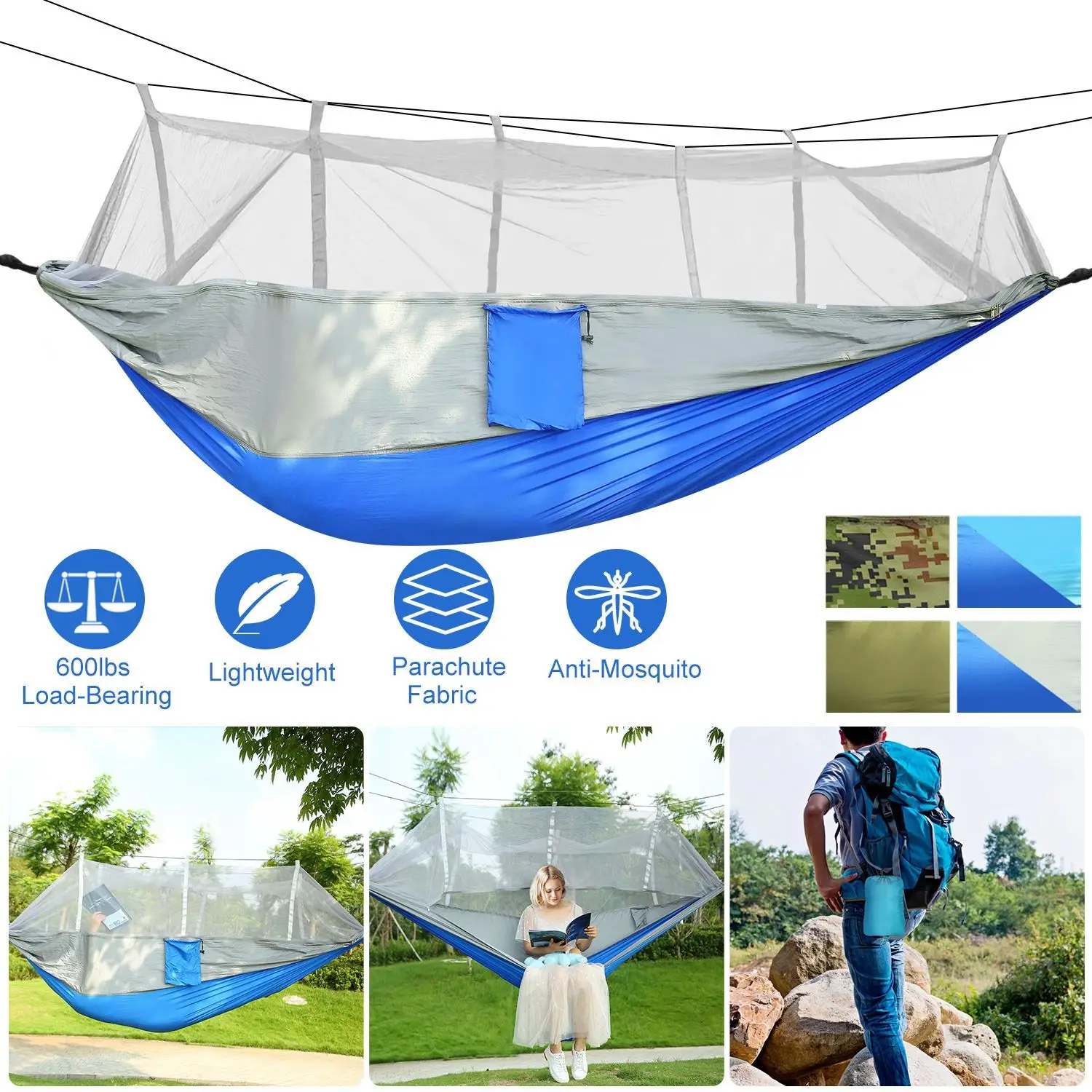 

Camping Hammock, Portable Double Hammock with Net,600lbs Load 2 Persons Hammock w/Mosquito Net Outdoor Hiking Camping Hommock Po