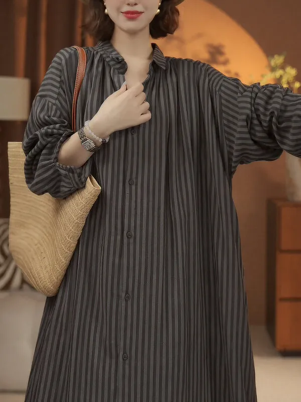 

Spring 2026 Lazy Style Double Layer Color Woven Stripe Cotton Lin Loose Slimming Long Sleeve plus Size Women's Shirt Dress