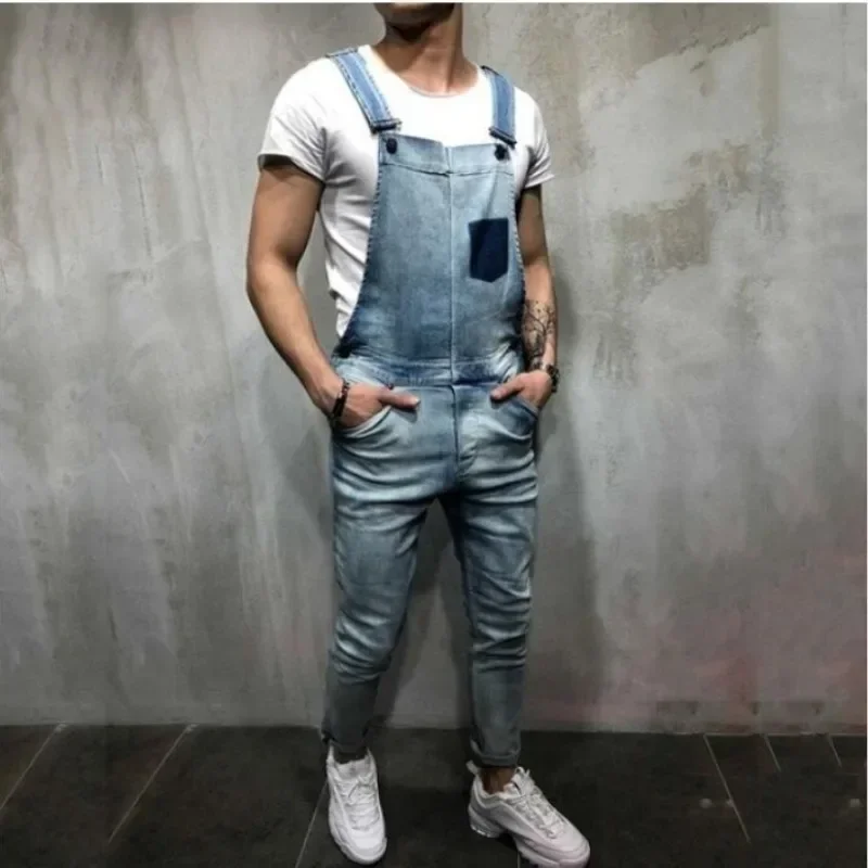 

Men Overalls Jeans Denim Bib Male Jumpsuits Skinny Trousers Pocket Large Size Mens Casual Cargo Work Pants Lugentolo