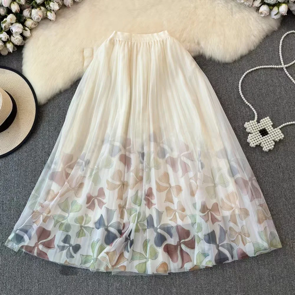 

Printed mesh skirt women's 2024 new floral gauze skirt midi draped pleated skirt